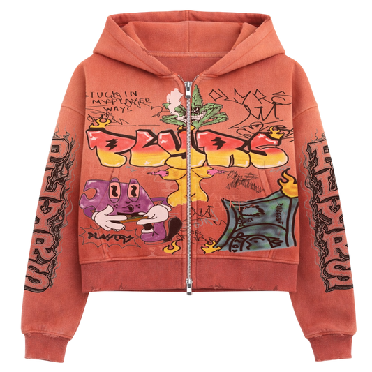 ORANGE OMBRE hoodie with colorful graphic design on a white background